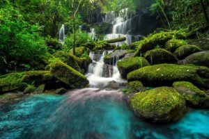 A waterfall with moss and rocks in the foreground.